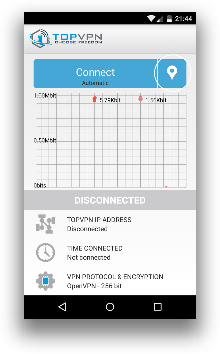 From here you can choose server location juct click on the pin (see bellow) and click on location you like. After that click Connect to connect you device to TopVPN.