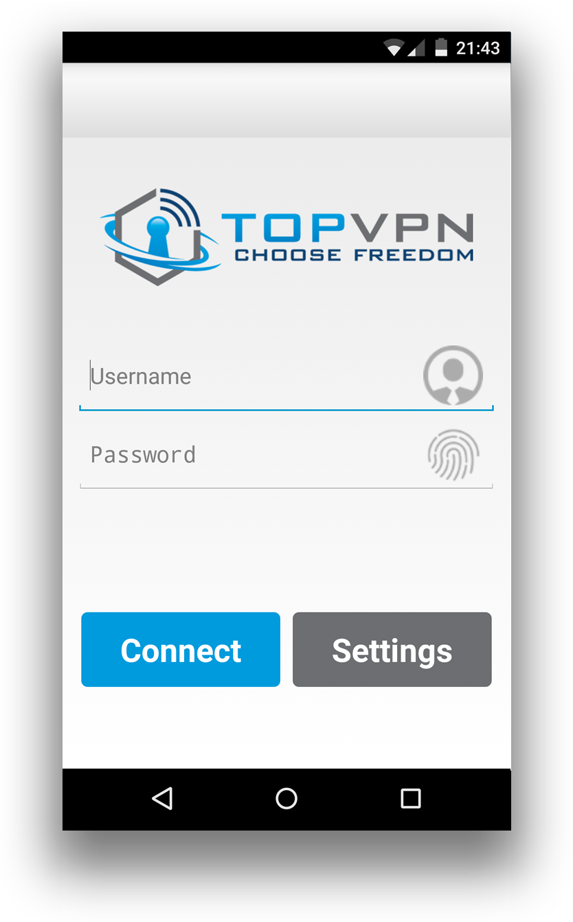 Enter your username and password you have from TopVPN. And click Connect if you like to connect to auto server location, or click Settings to choose one of our network servers.