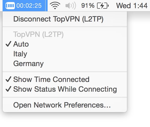 Also you can easly connect, disconect or switch between our VPN locations from the menu bar on your MacOS.