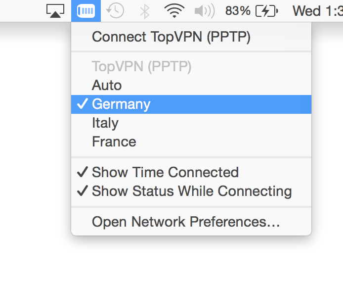 Also you can easly connect, disconect or switch between our VPN locations from the menu bar on your MacOS.