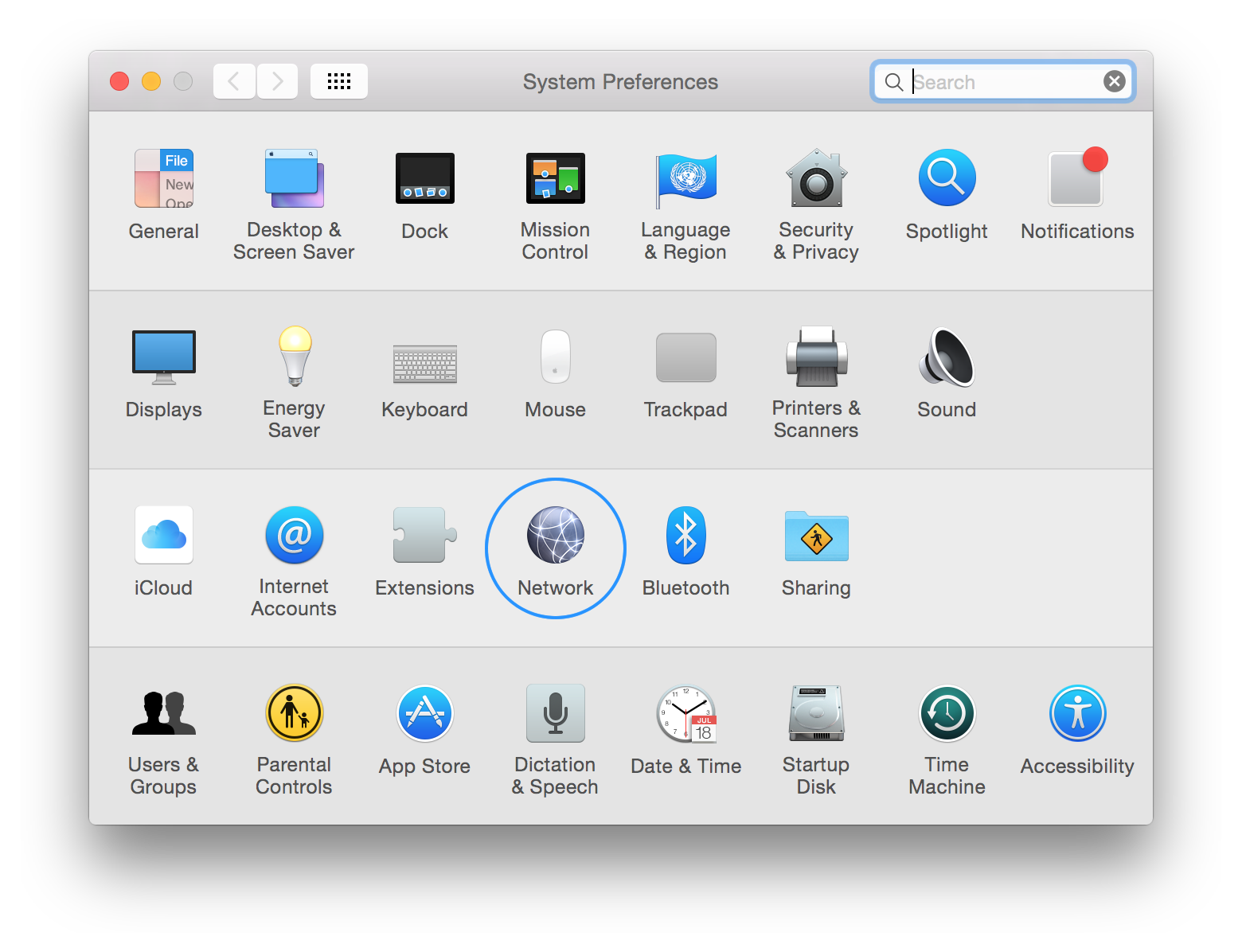 First, open the System Preferences by going to the Apple menu and choosing System Preferences. Or choose System Preferences from the Dock. And click on the Network system preference.